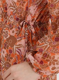 Orange - Floral - Crew neck - Fully Lined - Modest Dress