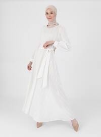Dobby Detailed Belt Detailed Modest Dress Off White