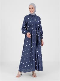 Navy Blue - Polka Dot - Point Collar - Unlined - - Viscose - Modest Dress