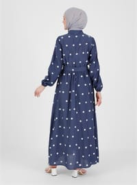 Navy Blue - Polka Dot - Point Collar - Unlined - - Viscose - Modest Dress