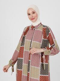 Brown - Multi - Point Collar - Unlined - Modest Dress