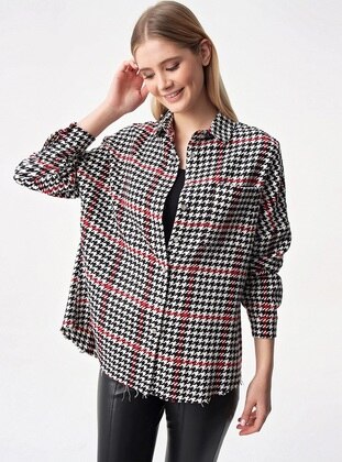 Black - Houndstooth - Point Collar - Plus Size Tunic - By Saygı