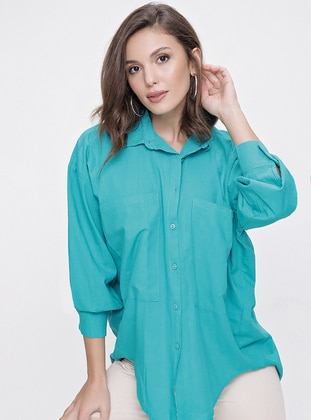 Turquoise - Point Collar - Cotton - Viscose - Blouses - By Saygı
