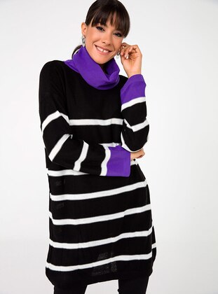 Purple - Black - Stripe - Polo neck - Acrylic - Triko - Wool Blend - Plus Size Tunic - By Saygı