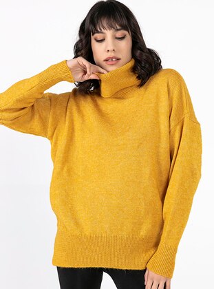 Mustard - Polo neck - Acrylic -  - Triko - Plus Size Tunic - By Saygı