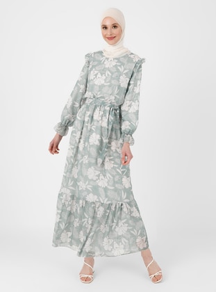 Sea-green - Floral - Crew neck - Fully Lined - Modest Dress - Refka