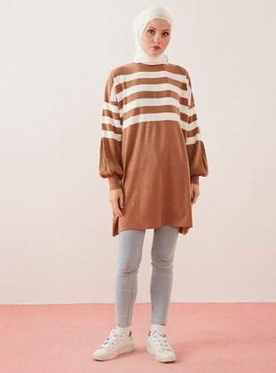 Striped Balloon Sleeve Long Sweater Tunic Biscuit