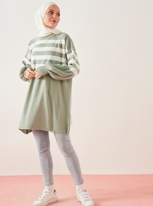 Green Almond - Stripe - Crew neck - Unlined - Knit Tunics - Por La Cara