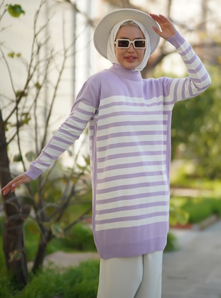 Lilac - Stripe - Polo neck - Unlined - Knit Tunics - Por La Cara