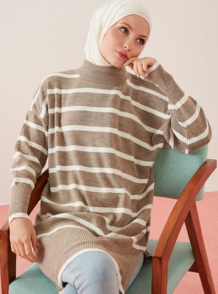 Striped Long Sweater Tunic With Slits Biscuit