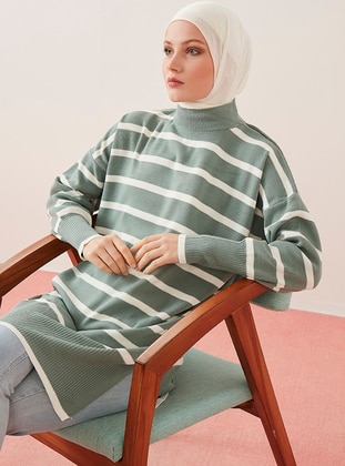 Green Almond - Stripe - Polo neck - Unlined - Knit Tunics - Por La Cara