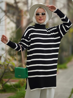 Striped Long Sweater Tunic With Slits Black