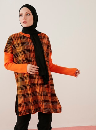 Orange - Plaid - Polo neck - Unlined - Knit Tunics - Por La Cara