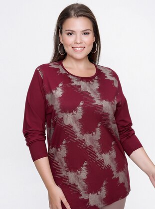 Long Sleeve Plus Size Lycra Viscose Tunic Burgundy With Stone Detailed Patterned Front