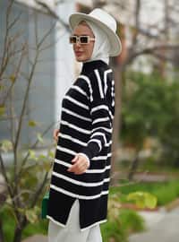 Striped Long Sweater Tunic With Slits Black