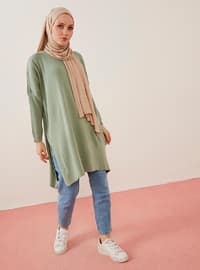 Long Knitwear Tunic With Full Needle Sleeves Ribbed Side Slits