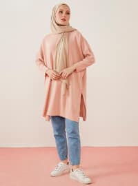 Long Sweater Tunic With Full Needle Sleeves Ribbed Side Slits Powder
