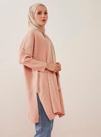 Long Sweater Tunic With Full Needle Sleeves Ribbed Side Slits Powder