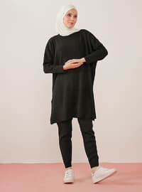 Long Sweater Tunic With Full Needle Sleeves Ribbed Side Slits Black