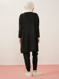 Long Sweater Tunic With Full Needle Sleeves Ribbed Side Slits Black