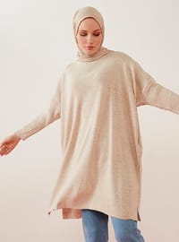 Long Knitwear Tunic Stone With Full Needle Sleeves Ribbed Side Slits