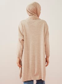Long Knitwear Tunic Stone With Full Needle Sleeves Ribbed Side Slits