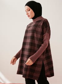 Plaid Patterned Side Slits Oversized Sweater Tunic Rose