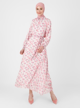 Ecru - Pink - Floral - Point Collar - Fully Lined - Modest Dress - Refka
