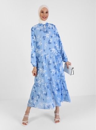 Lined Chiffon Modest Dress Blue White Floral With Navyng Detail