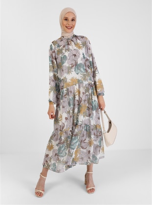 Mustard - Green - Floral - Crew neck - Fully Lined - Modest Dress - Refka
