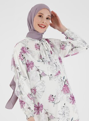 Ecru - Lilac - Floral - Crew neck - Fully Lined - Modest Dress - Refka
