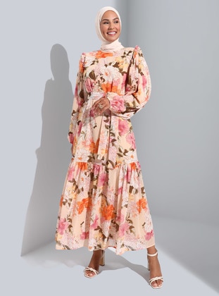 Shoulder Ruffled Floral Patterned Chiffon Modest Dress Powder Salmon