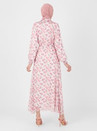 Ecru - Pink - Floral - Point Collar - Fully Lined - Modest Dress