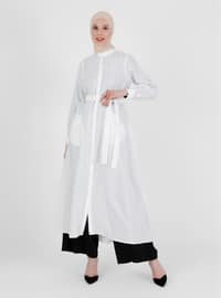 White Drawstring Cape With Snap Fastened Waist Coat