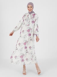 Ecru - Lilac - Floral - Crew neck - Fully Lined - Modest Dress