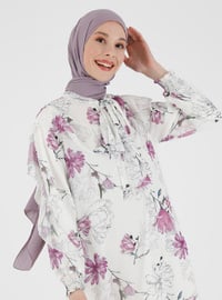 Ecru - Lilac - Floral - Crew neck - Fully Lined - Modest Dress