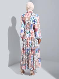 Brown - Powder - Floral - Multi - Point Collar - Fully Lined - Modest Dress