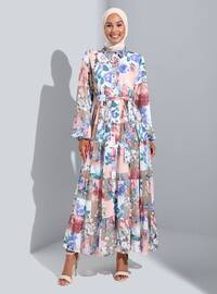 Brown - Powder - Floral - Multi - Point Collar - Fully Lined - Modest Dress