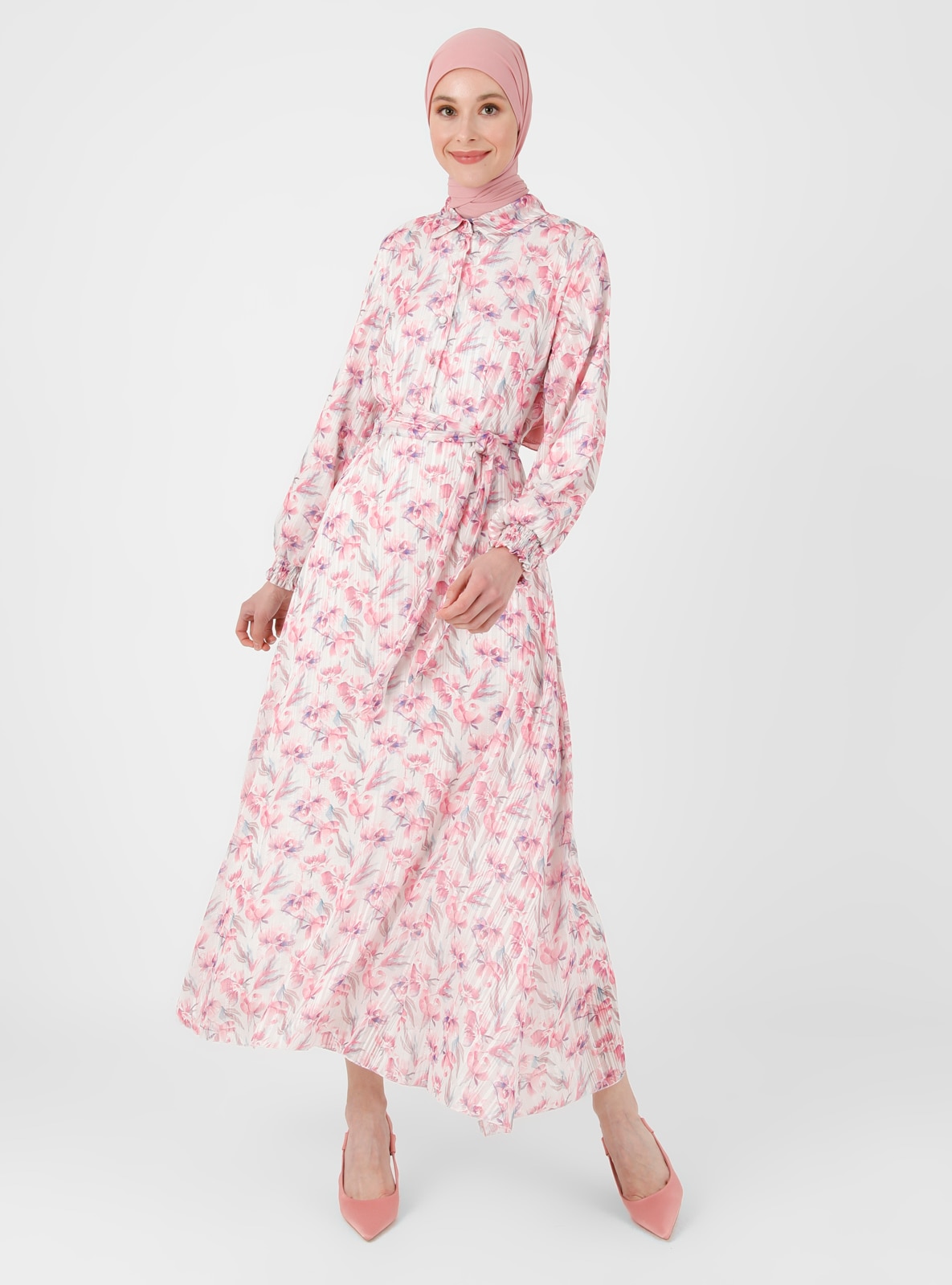 Ecru - Pink - Floral - Point Collar - Fully Lined - Modest Dress