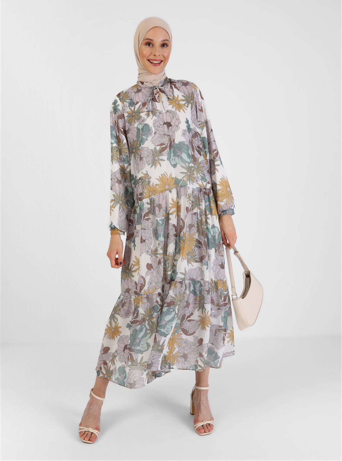 Mustard - Green - Floral - Crew neck - Fully Lined - Modest Dress