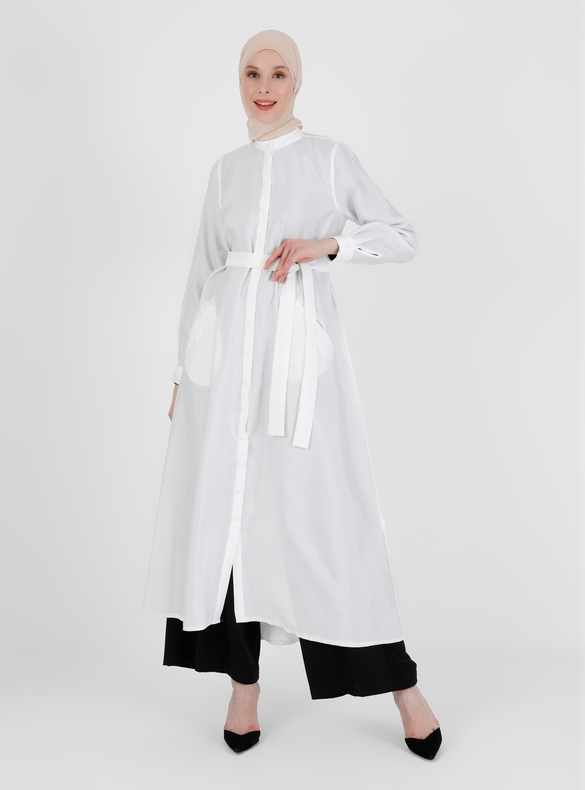 White Drawstring Cape With Snap Fastened Waist Coat