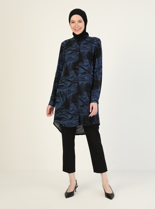 Patterned Tunic Blue Black With Full-Length Buttons
