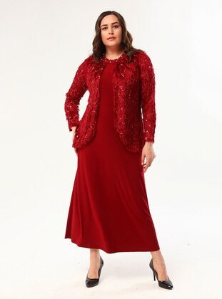 Maroon - Unlined - Crew neck - Modest Plus Size Evening Dress - Asee`s