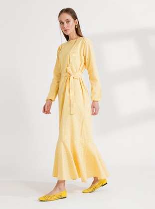 Yellow - Gingham - Crew neck - Unlined - Cotton - Modest Dress - Ceylan Otantik