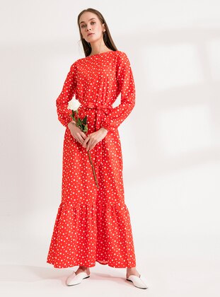 Red - Geometric - Crew neck - Unlined - Cotton - Modest Dress - Ceylan Otantik