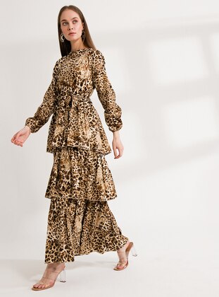 Brown - Leopard - Unlined - Crew neck - Modest Evening Dress - Ceylan Otantik
