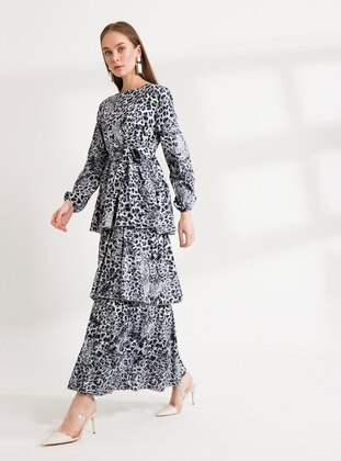 Gray - Leopard - Unlined - Crew neck - Modest Evening Dress - Ceylan Otantik