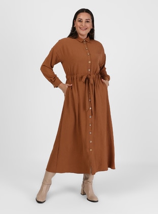 Camel - Unlined - Point Collar - Plus Size Dress - Alia
