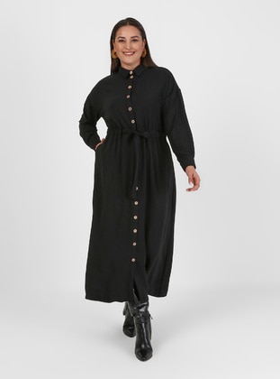Black - Unlined - Point Collar - Plus Size Dress - Alia
