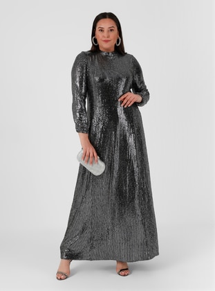 Silver tone - Fully Lined - Crew neck - Modest Plus Size Evening Dress - Alia